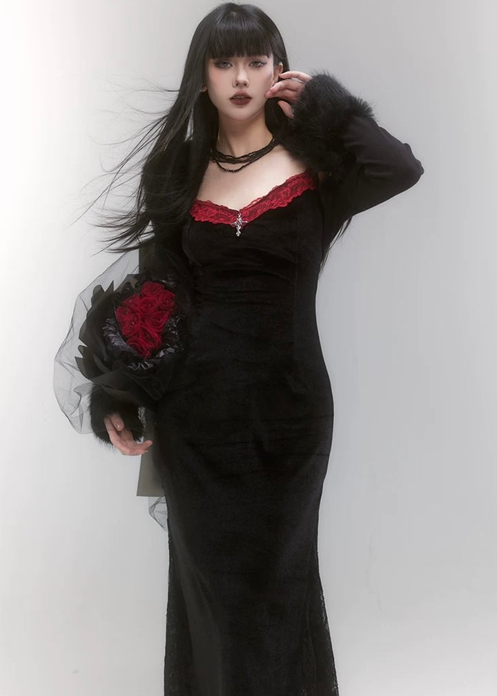 velvet black dress &amp; cropped fur jacket / LG1211