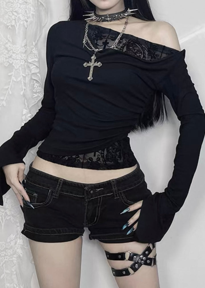 GOTHIC DRAPE ONE SHOULDER LACE TOP / LG1559