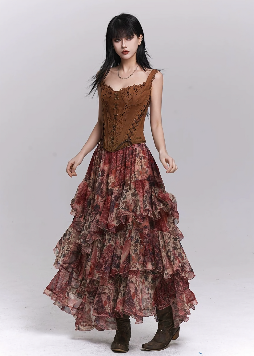 RED FLORAL TIERED LONG SKIRT / LG1501