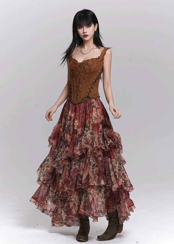 RED FLORAL TIERED LONG SKIRT / LG1501