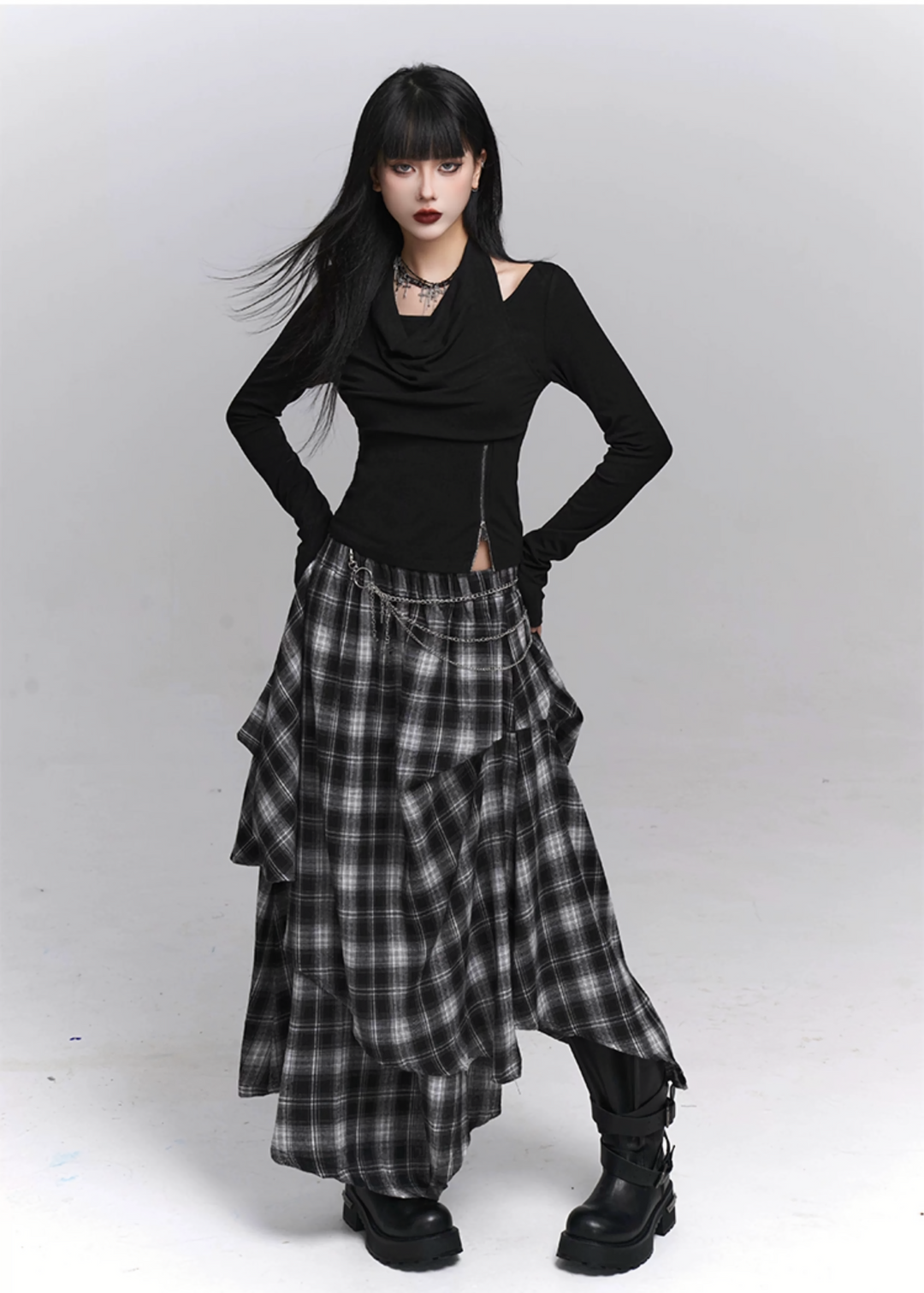 Asymmetry Check Maxi Skirt / lg1371