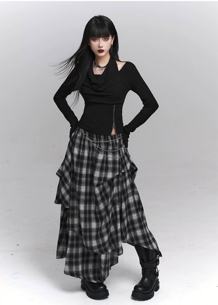 Asymmetry Check Maxi Skirt / lg1371