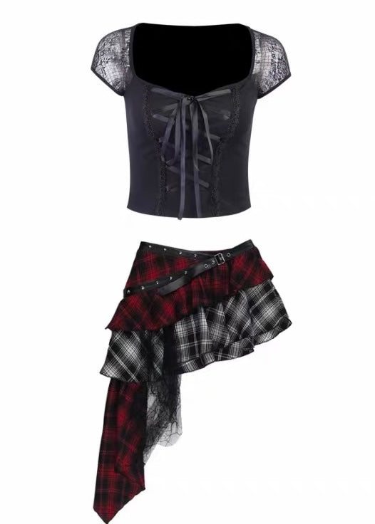 DARK LACE-UP TOP &amp; ASYMMETRIC PLAID SKIRT SET / LG1685