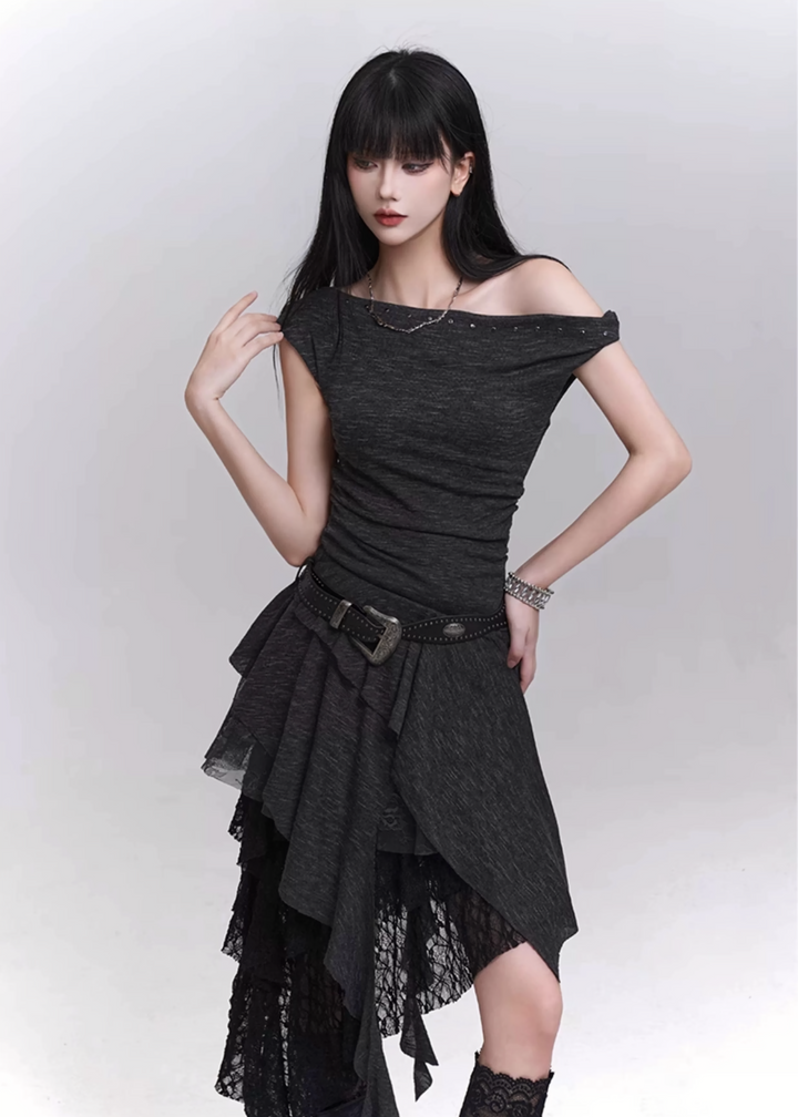 Asymmetrical layered off-shoulder dress / lg1318