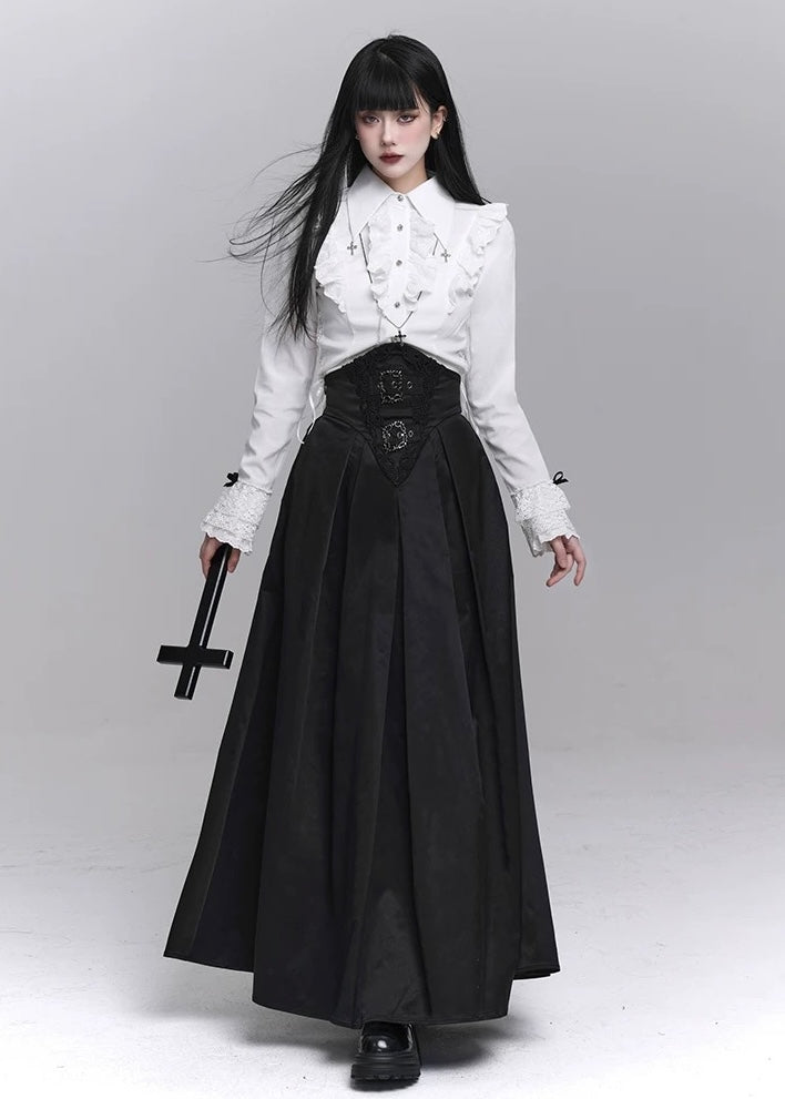 frill blouse &amp; high waist pleated long skirt / LG1224