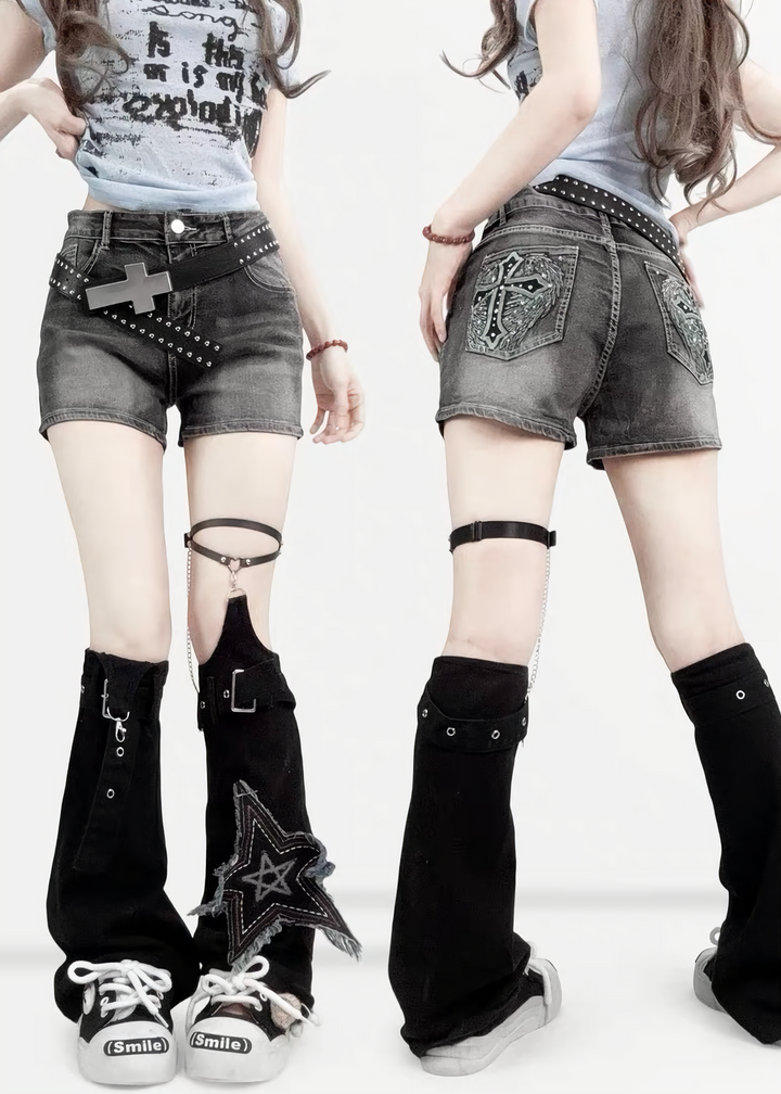 CROSS EMBROIDERY DENIM SHORT PANTS / LG1619_E4R