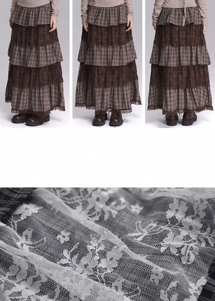 TIERED CHECK LACE LONG SKIRT/LG1415