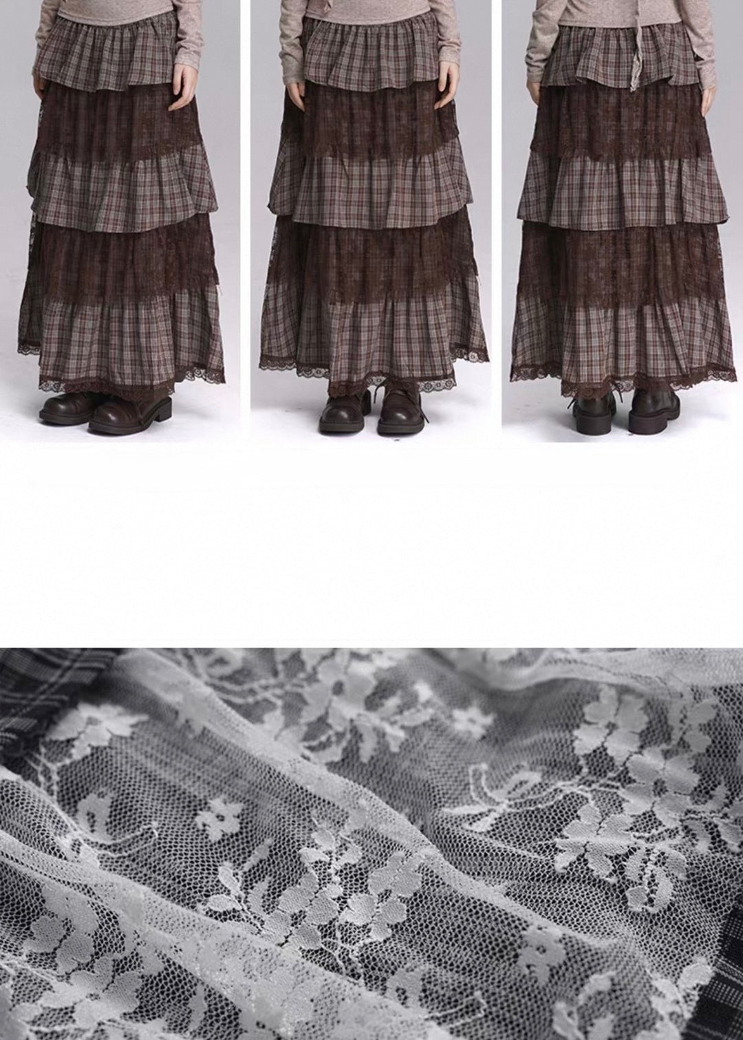 TIERED CHECK LACE LONG SKIRT / LG1415