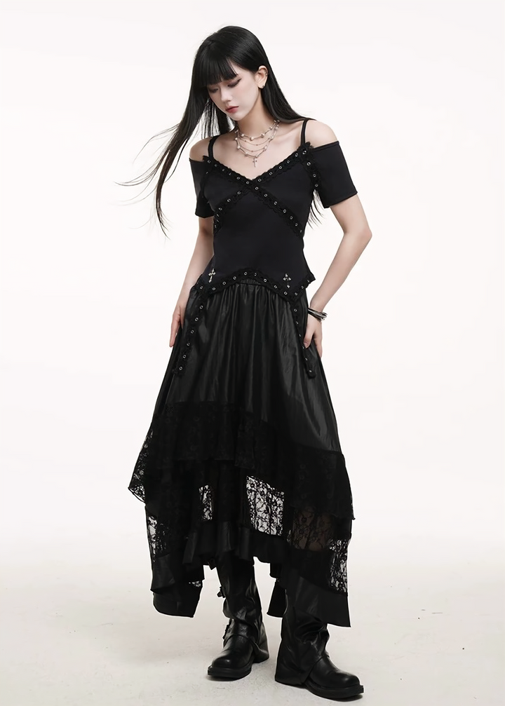 Off-the-shoulder cross rivet top &amp;amp; Lace Patchwork Solid Color Skirts / lg1254 