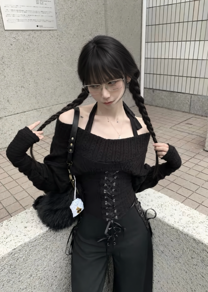 LACE-UP CAMISOLE &amp; OFF SHOULDER KNIT SET / LG1739