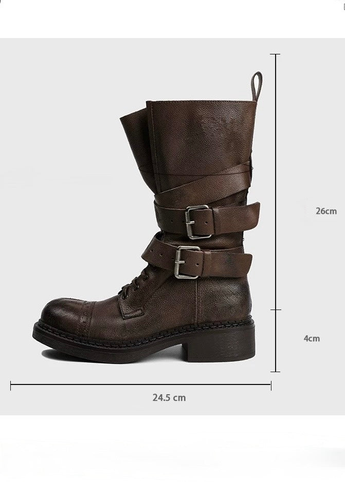 Double belt high-top lace-up boots / v1152