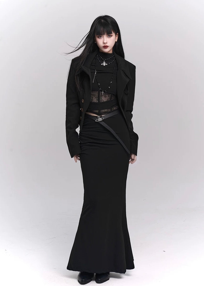 【당일 배송】Black lace cut and sew &amp; mermaid skirt / LG1143