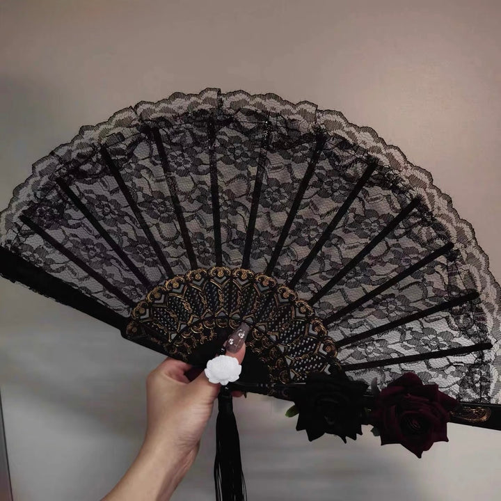 GOTHIC DOUBLE ROSE LACE FAN / V1182