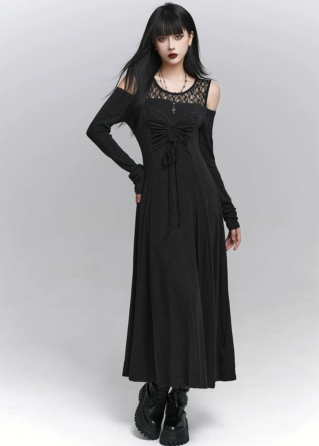 Lace-up Sheer Sleeve Long Dress / lg1336_e4r