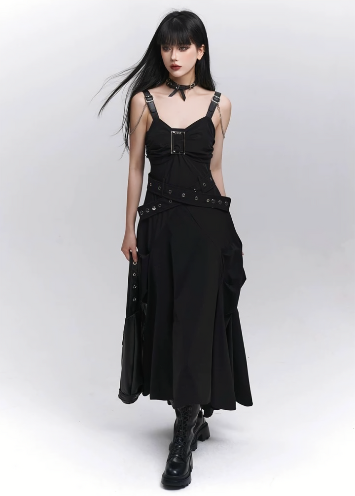 Metal chain strap dress / lg1326 