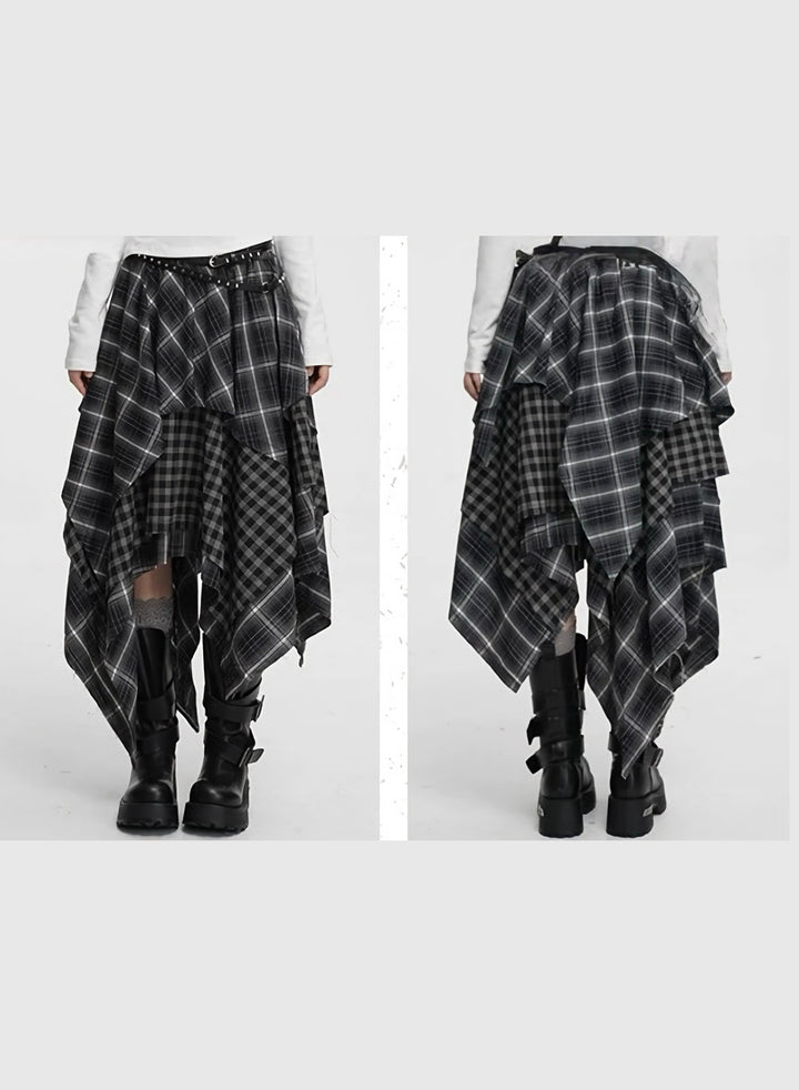 ASYMMETRIC CHECK DRAPE SKIRT / LG1424