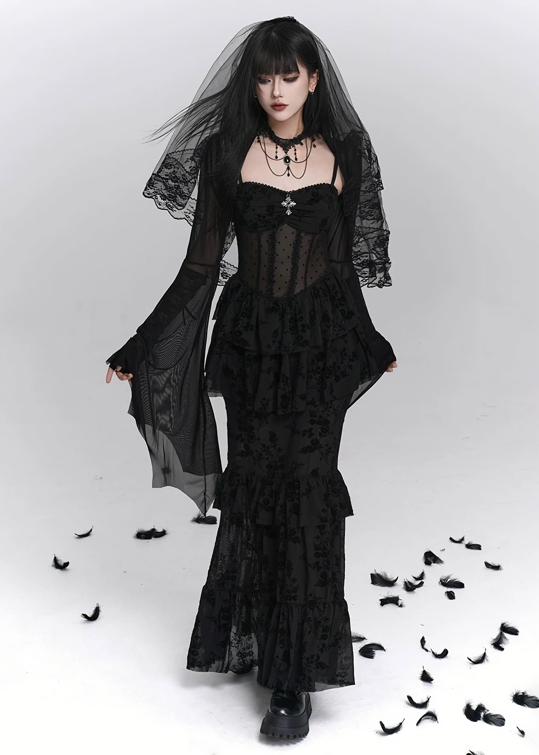 Nocturne Frill Dress & Shadow Sheer Cardigan / LG1408