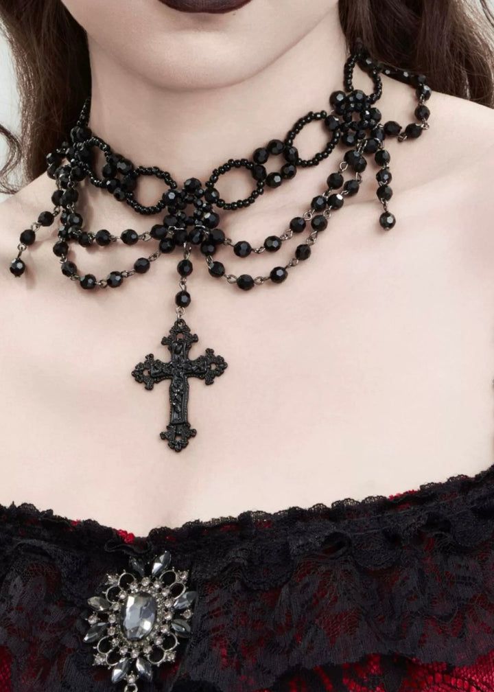 BLACK GOTHIC CROSS BEADS CHOKER / A1153
