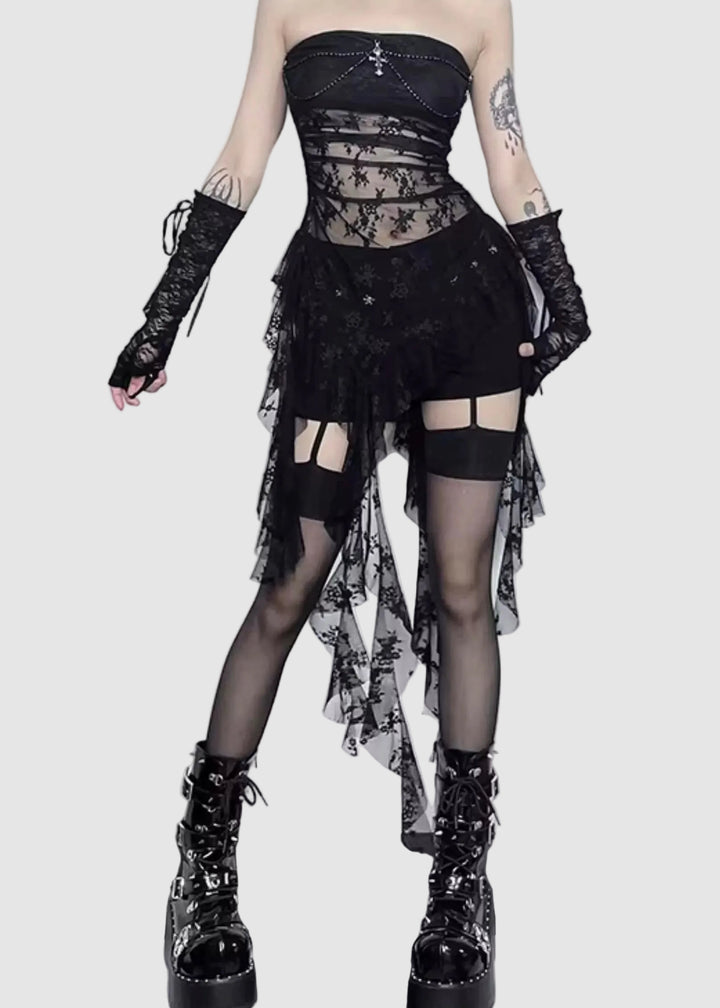 LACE CROSS DRAPE TULLE TOP / LG1587