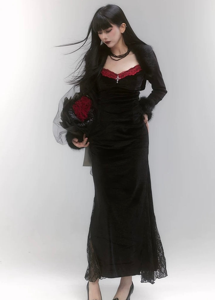velvet black dress &amp; cropped fur jacket / LG1211
