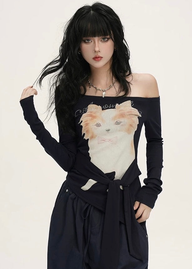 CAT GRAPHIC OFF-SHOULDER TOP / LG1393