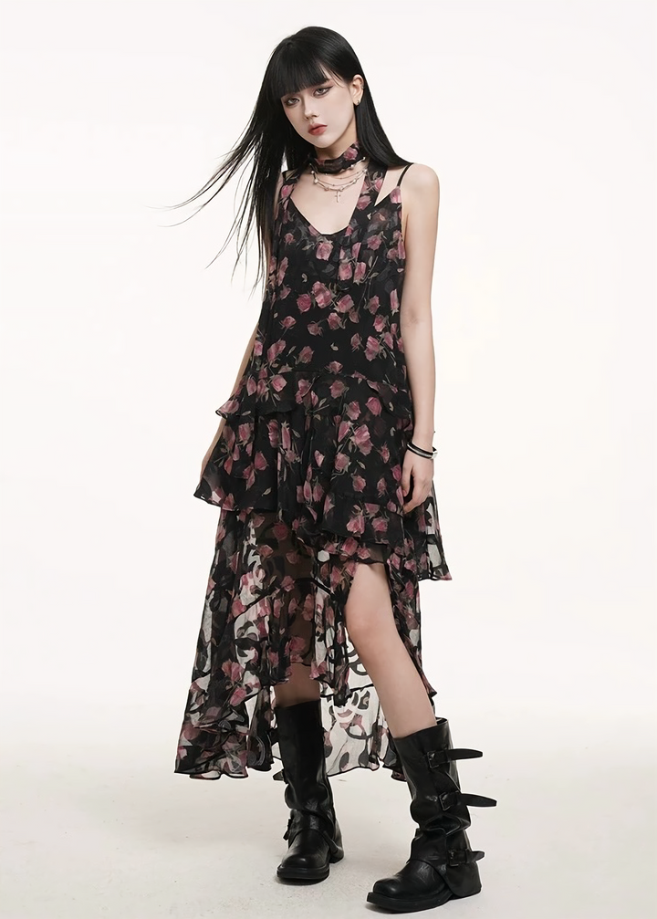 Rose print sheer cami dress / lg1262 