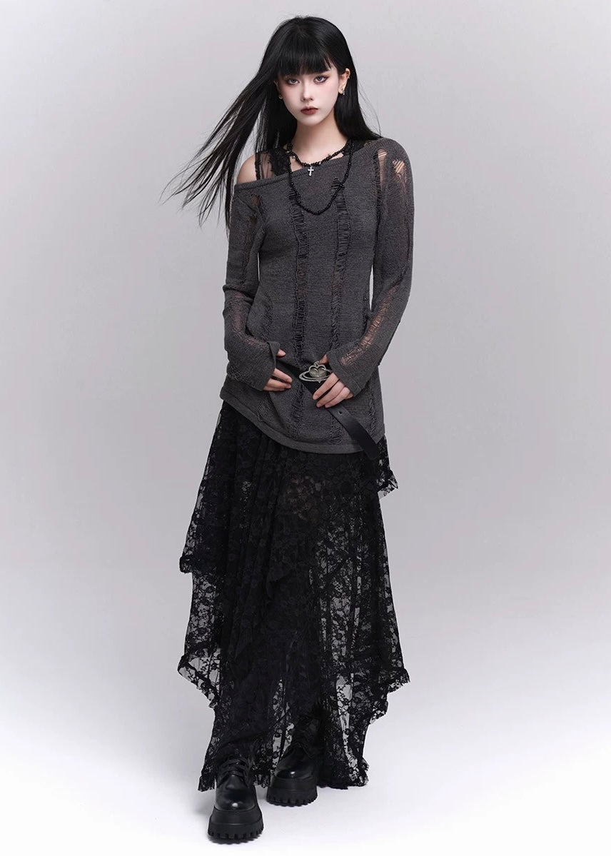 black lace irregular long skirt / LG1199