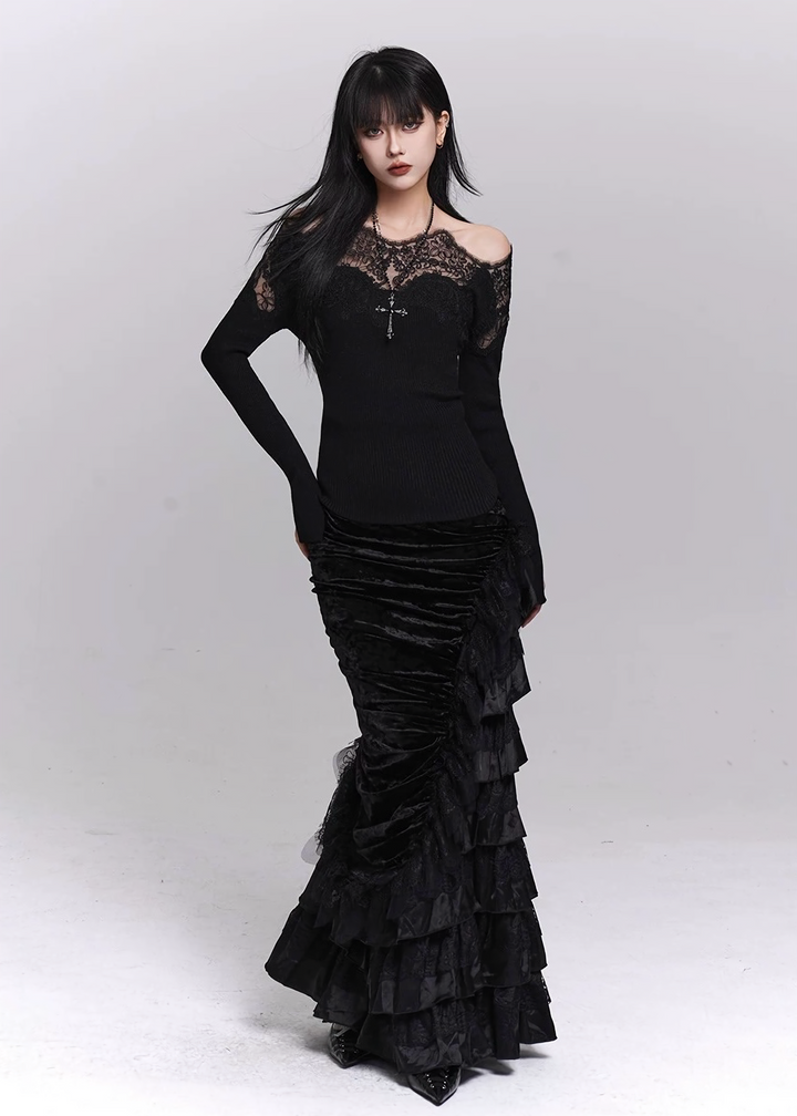 SHADOW LACE OFF-SHOULDER KNIT TOP / LG1487