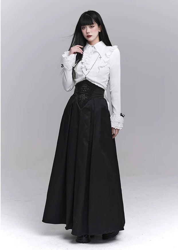 frill blouse &amp; high waist pleated long skirt / LG1224