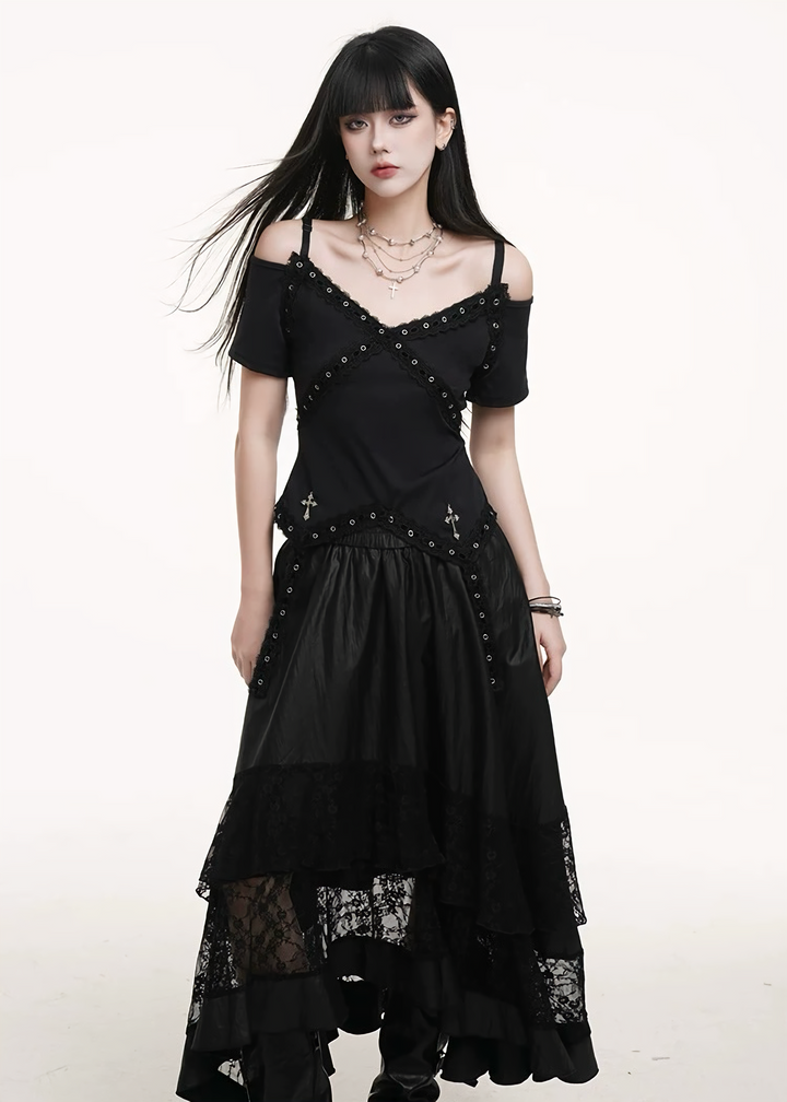 Off-the-shoulder cross rivet top &amp;amp; Lace Patchwork Solid Color Skirts / lg1254 