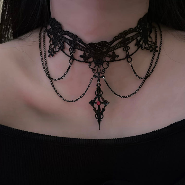 Black Lace Chain Gothic Choker / a1113_e4r