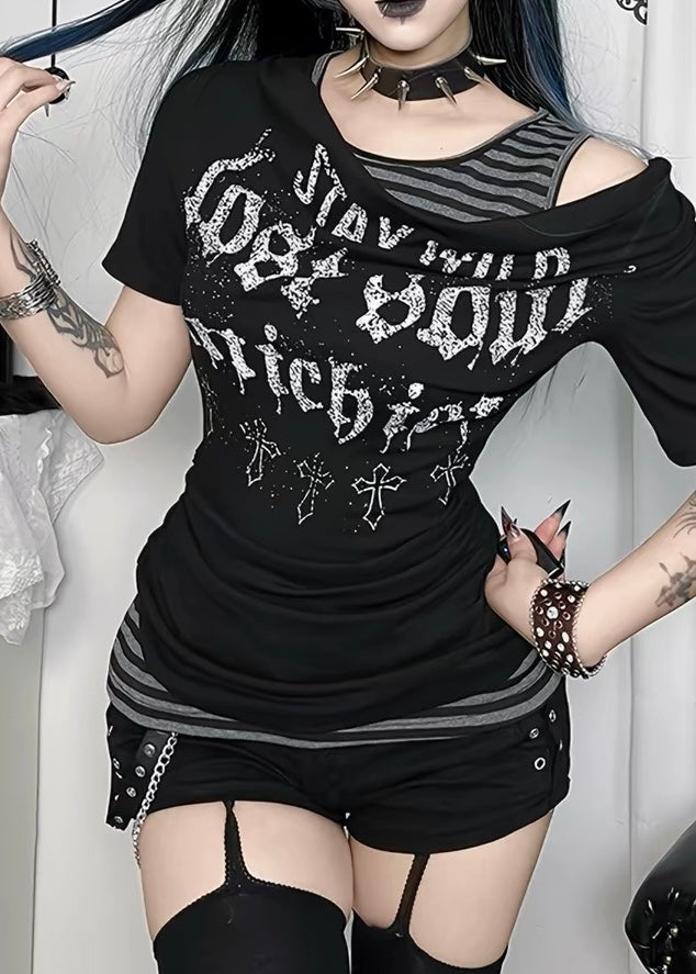 DARK OFF-SHOULDER LAYERED GRAPHIC TOP / LG1688