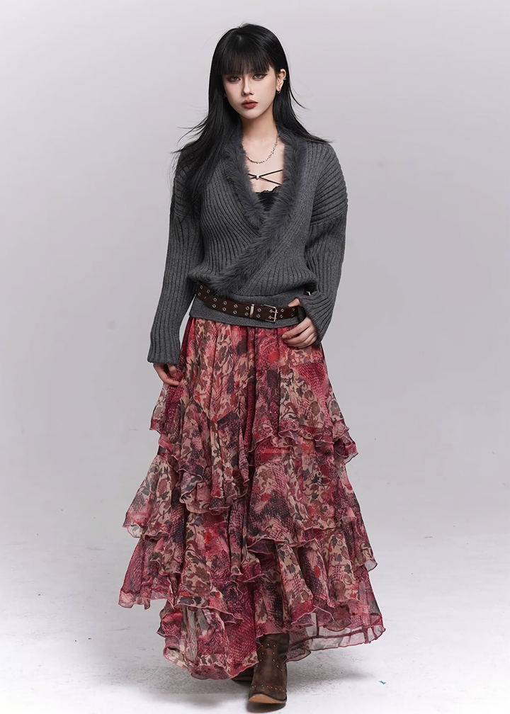 SOFT FUR TRIM V-NECK KNIT SWEATER / LG1500