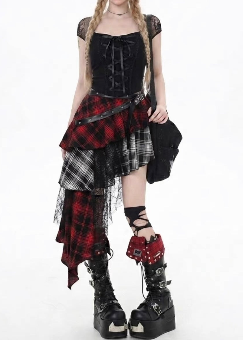 DARK LACE-UP TOP &amp; ASYMMETRIC PLAID SKIRT SET / LG1685