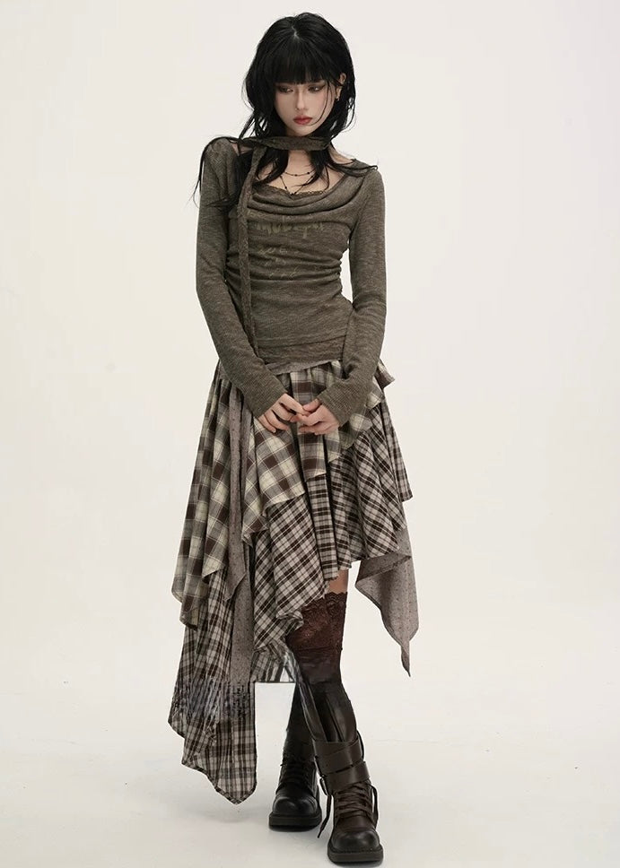 MIX CHECK LAYERED ASYMMETRY SKIRT / LG1540