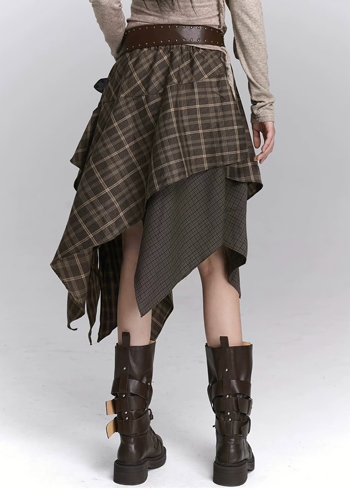 ASYMMETRY CHECK DRAPE SKIRT / LG1447