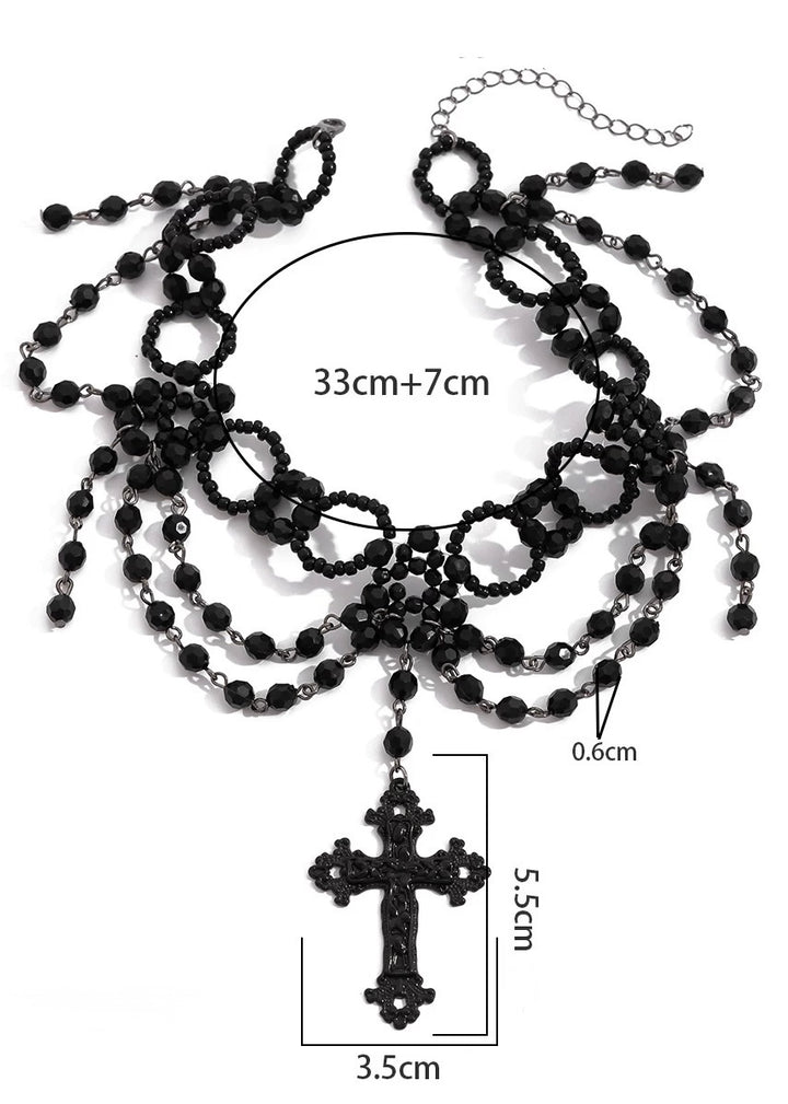 BLACK GOTHIC CROSS BEADS CHOKER / A1153