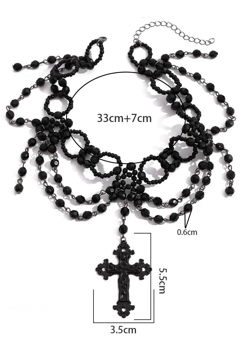 BLACK GOTHIC CROSS BEADS CHOKER / A1153