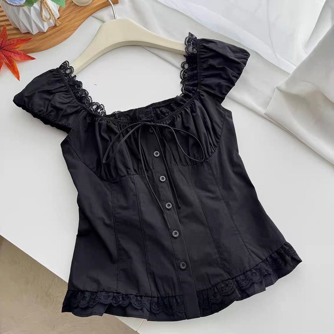 GOTHIC SQUARE NECK LACE PUFF SLEEVE TOP / LG1675