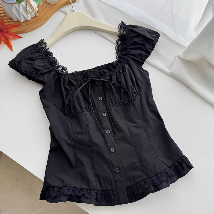 GOTHIC SQUARE NECK LACE PUFF SLEEVE TOP / LG1675