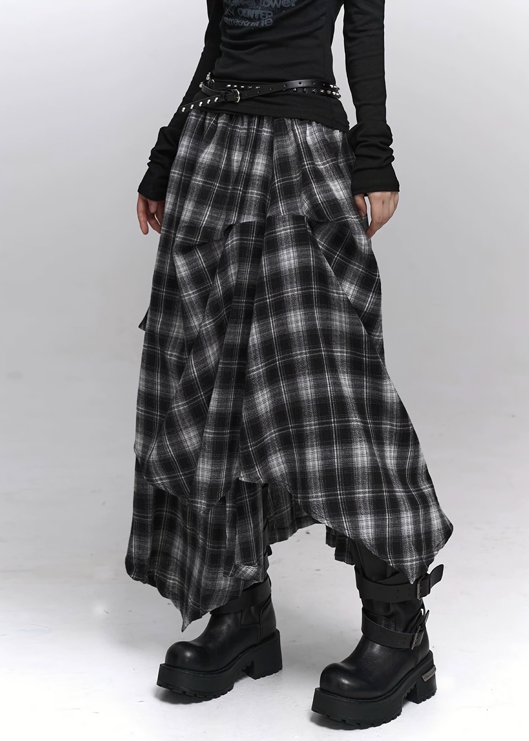 Asymmetry Check Maxi Skirt / lg1371