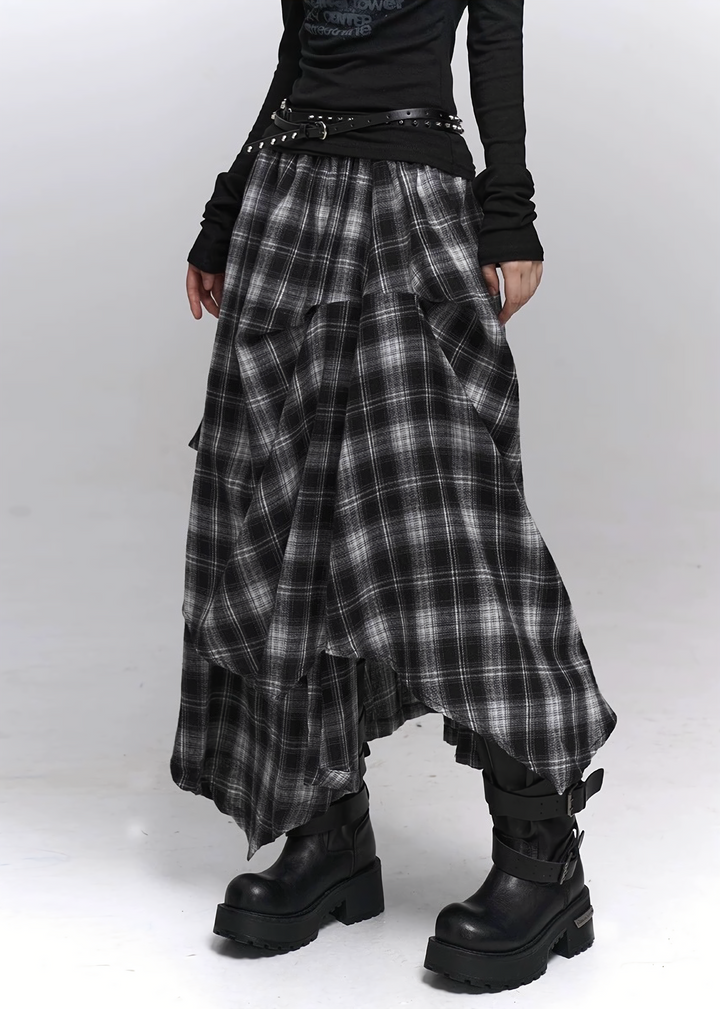 Asymmetry Check Maxi Skirt / lg1371