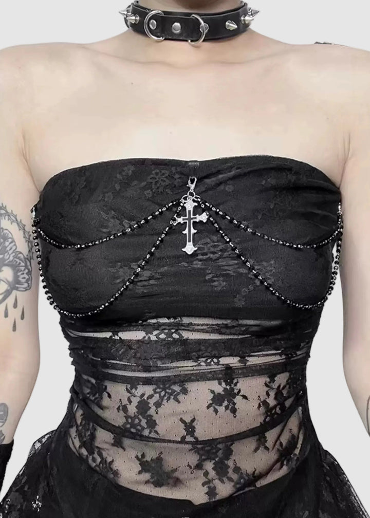 LACE CROSS DRAPE TULLE TOP / LG1587