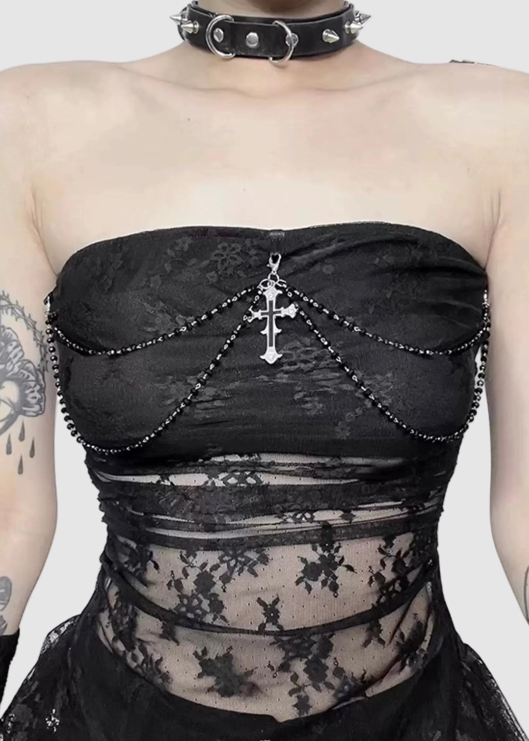 LACE CROSS DRAPE TULLE TOP / LG1587
