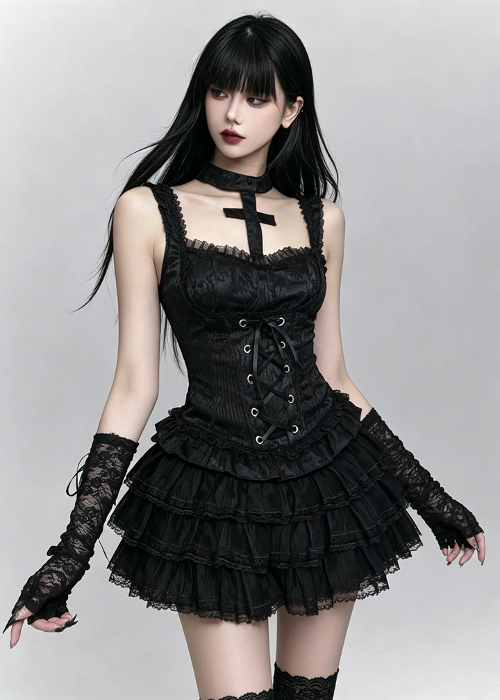 GOTHIC LACE-UP TOP &amp; RUFFLE MINI SKIRT / LG1693