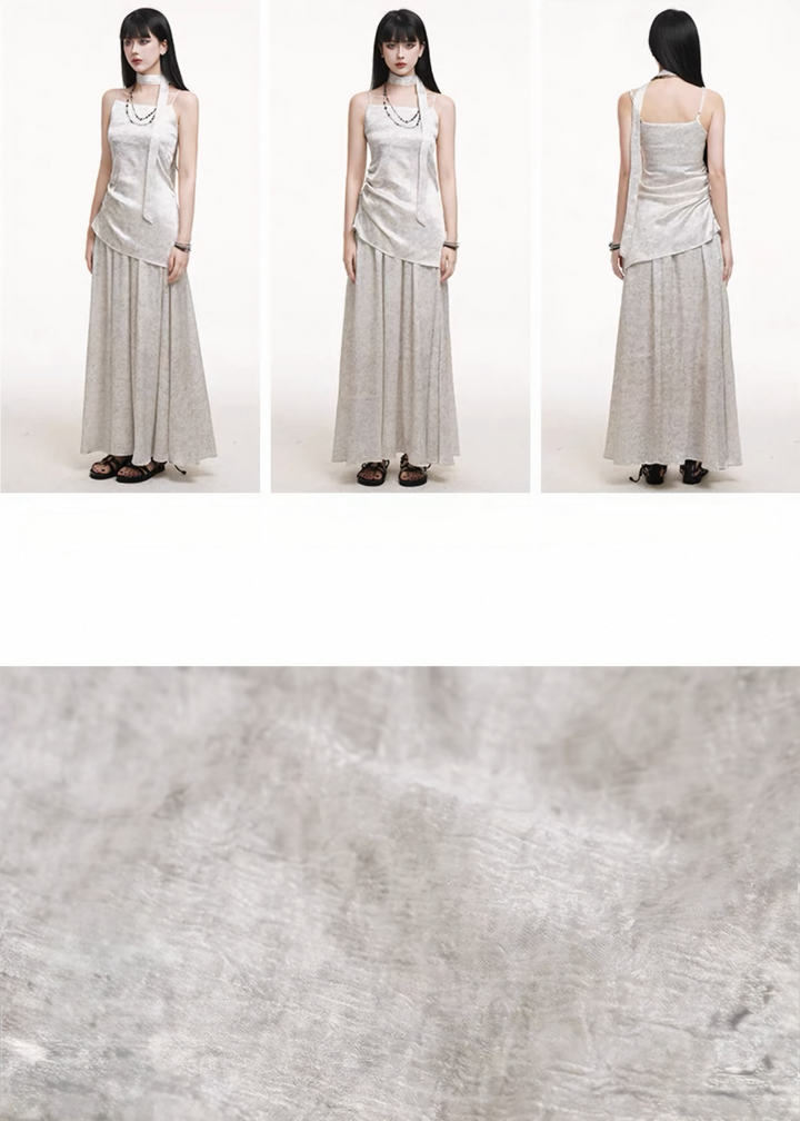 Asymmetrical camisole + A-line pleated skirt set / lg1256