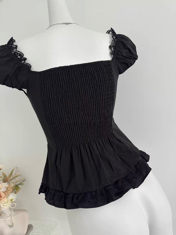 GOTHIC SQUARE NECK LACE PUFF SLEEVE TOP / LG1675