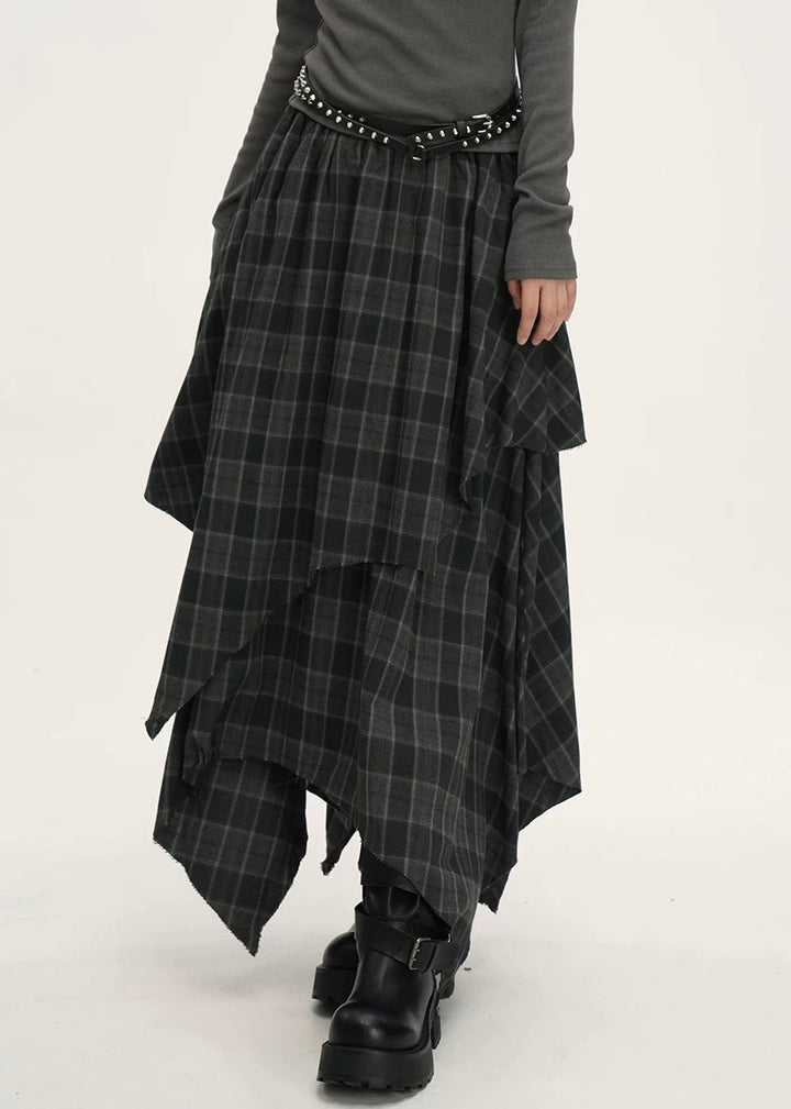 ASYMMETRIC CHECK DRAPE SKIRT / LG1539