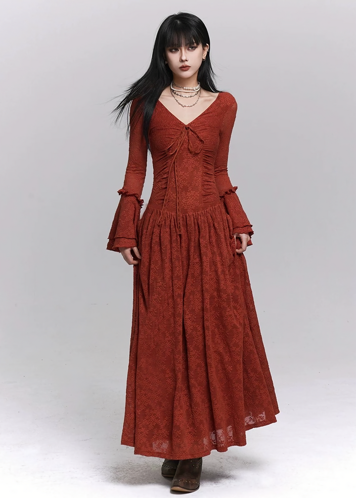 RUCHED LACE FLARE SLEEVE DRESS / LG1482