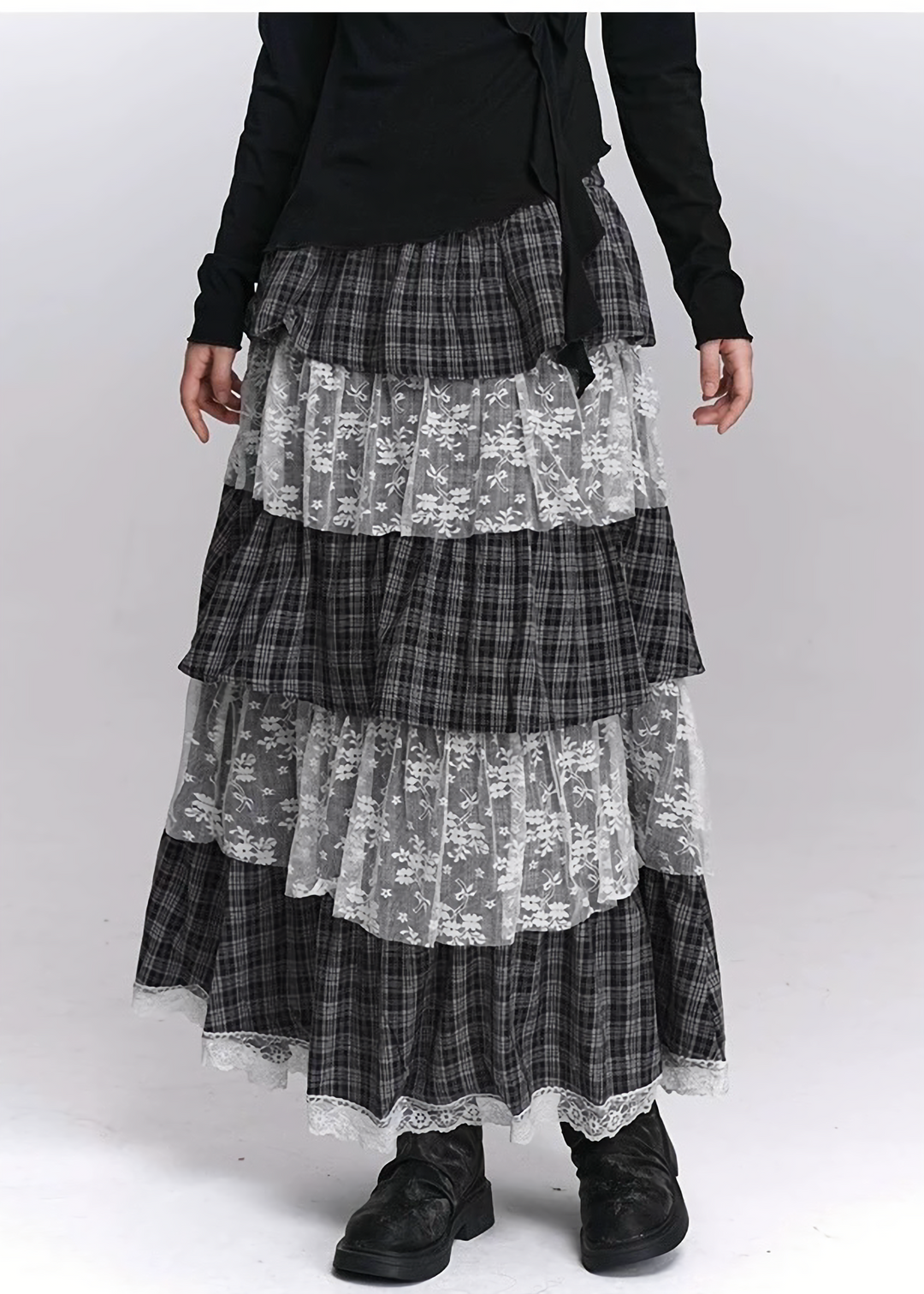 TIERED CHECK LACE LONG SKIRT / LG1415